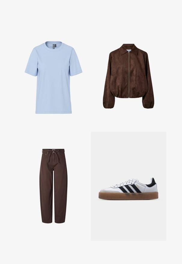 Veste en daim marron avec fermeture éclair devant, large col, manches longues, poignets élastiqués et poches latérales.; T-shirt bleu clair à manches courtes en tissu doux, avec un col rond classique et sans motifs ni accessoires visibles.; Pantalon large marron en coton avec taille à cordon de serrage, comprenant deux poches et des accents en rivets.; Baskets en cuir blanc avec des rayures noires, semelle extérieure en caoutchouc beige, bout rond, fermeture lacée et embout en suède gris doux.