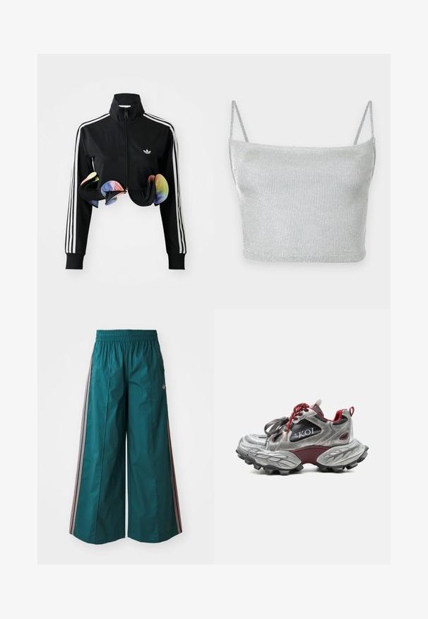 Zwarte zip-up jas met hoge kraag, witte zijstrepen en kleurrijke gerimpelde accenten aan de onderrand. Gemaakt van glad, rekbaar materiaal.; Zilverkleurige metallic gebreide crop top met dunne verstelbare bandjes. Strak model en gladde textuur. Geen patronen of zichtbare hardware details.; Teal wijde broek met een elastische tailleband, voorzien van gestreepte accenten in roze en wit aan de zijkanten, gemaakt van lichte stof.; Zilveren en bordeauxrode sneaker met een dikke getextureerde zool, rode veters, zwarte mesh panelen en "KOI"-branding aan de zijkant.