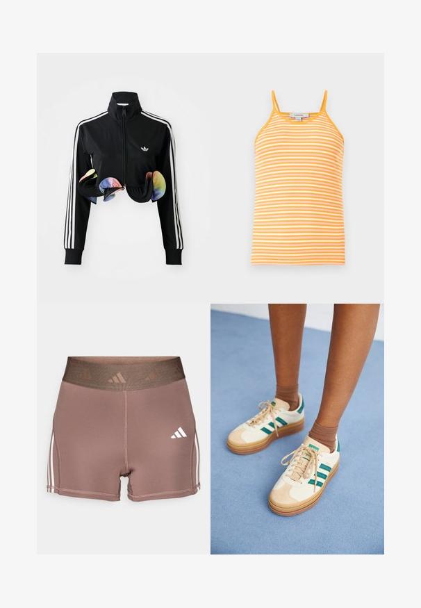 Veste zippée noire avec col montant, bandes latérales blanches et accents colorés à volants au bas. Fabriquée en tissu lisse et extensible.; Débardeur côtelé jaune et blanc à rayures horizontales avec fines bretelles sur un fond neutre.; Shorts de sport marron avec une large ceinture texturée. Dotés d'accents à trois rayures blanches sur les côtés et d'un petit logo blanc.; Baskets beiges avec des rayures vert foncé, semelle en caoutchouc, tige en daim et textile, et accessoires neutres, associées à des chaussettes brunes sur une surface bleu clair.