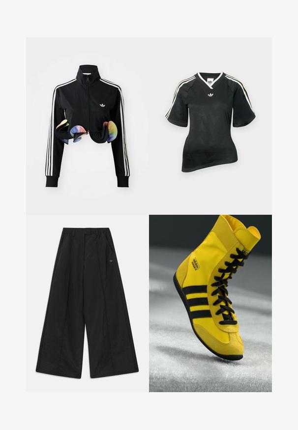 Zwarte zip-up jas met hoge kraag, witte zijstrepen en kleurrijke gerimpelde accenten aan de onderrand. Gemaakt van glad, rekbaar materiaal.; Zwart sportshirt met V-hals, korte mouwen en een textuur met een chevronpatroon. Voorzien van witte drie-strepen accenten op de schouders en een logo.; Zwarte wijde broek met zijzakken, lussen voor een riem, plooien aan de voorkant en een klein Adidas-logo aan de rechterkant.; Hoge sneakers van gele synthetische materialen, met zwarte veters, drie zwarte strepen en branding op de zijkant. Gekreukt rubberen zool.