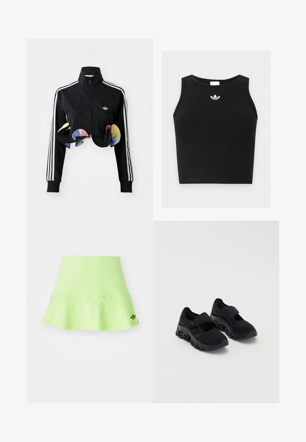 Sort zip-up jakke med høj krave, hvide sidelister og farverige volanger ved kanten. Lavet af glat, strækbart stof.; Sort ribbet ærmeløs crop top med rund halsudskæring og lille hvid Adidas trefoil-logo centreret nær kraven.; adidas Originals SKIRT - Mini skirts - signal green; Sorte atletiske sko med mesh-overdel, sikker rem over vristen, tyk sål med runde udskæringer og teksturerede detaljer på siden.