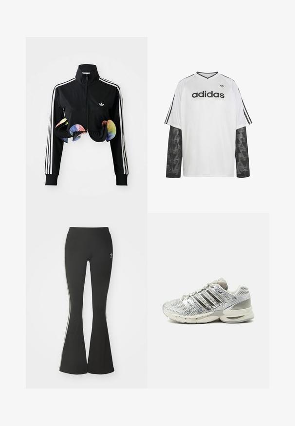 Chaqueta negra con cremallera y cuello alto, franjas laterales blancas y acentos coloridos con volantes en el dobladillo. Fabricada con una tela suave y elástica.; Camiseta blanca de manga larga de Adidas con mangas de malla negra, logotipo y texto de Adidas en negro en el pecho, y tres rayas negras en las mangas de los hombros.; Leggings acampanados negros de tejido elástico, con una cintura alta y rayas laterales blancas. Incluye un pequeño logo en la cintura.; Zapatilla de running de malla y sintético de color gris claro con suela acolchada y rayas laterales metálicas en plata, vista desde el lado exterior.