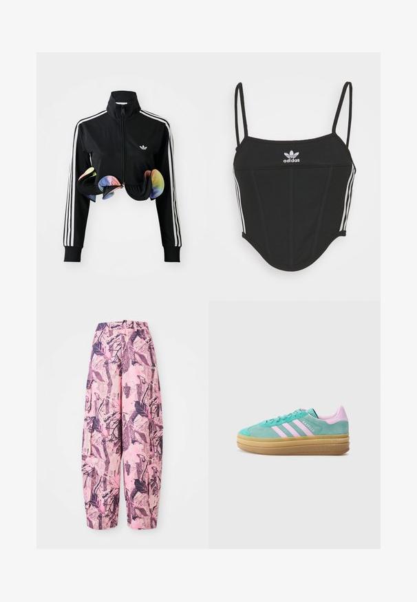 Schwarze Zip-Up-Jacke mit hohem Kragen, weißen Seitenstreifen und bunten Rüschendetails am Saum. Hergestellt aus glattem, dehnbaren Stoff.; Schwarzes, geripptes Crop Top mit verstellbaren dünnen Trägern, das drei weiße Streifen an den Seiten und ein kleines weißes Adidas-Logo in der Mitte aufweist.; Rosa und lila gemusterte weite Beinkleider zeigen ein Blatt- und Astdesign, mit einer hohen Taille und seitlichen Taschen für zusätzliche Funktionalität.; adidas Originals GAZELLE BOLD - Sneaker low - powder teal/bliss lilac/pure teal