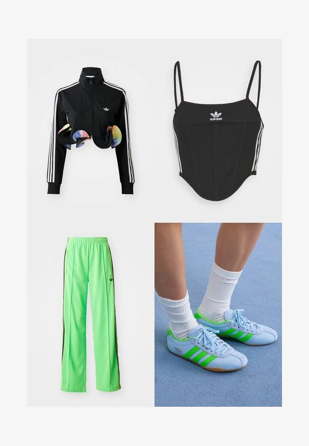 Sort zip-up jakke med høj krave, hvide sidelister og farverige volanger ved kanten. Lavet af glat, strækbart stof.; Sort ribbet crop top med justerbare tynde stropper, der har tre hvide striber på siderne og et lille hvidt Adidas-logo i midten.; Grønne atletiske bukser lavet af glat, let materiale, med sorte sidestriber og et broderet logo på fronten.; Lyseblå sportsko med grønne accenter og tre striber. Har en glat tekstur og gummisål. Bæret sammen med hvide ribbede sokker.