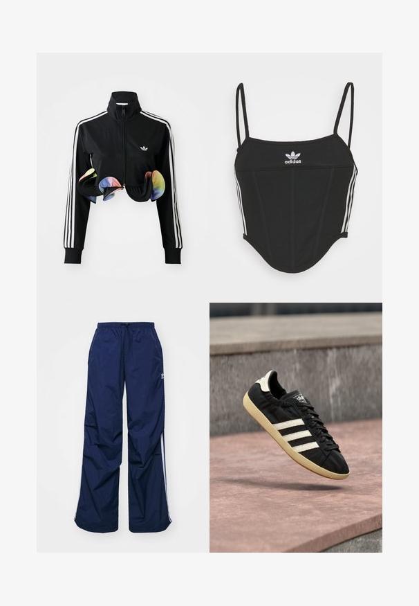 Schwarze Zip-Up-Jacke mit hohem Kragen, weißen Seitenstreifen und bunten Rüschendetails am Saum. Hergestellt aus glattem, dehnbaren Stoff.; Schwarzes, geripptes Crop Top mit verstellbaren dünnen Trägern, das drei weiße Streifen an den Seiten und ein kleines weißes Adidas-Logo in der Mitte aufweist.; Navyblaue, leichte Hosen mit elastischem Bund und Kordelzug, versehen mit weißen Seitenstreifen und einem kleinen Logo vorne. Locker geschnittenes Design.; Schwarzer Adidas-Sneaker mit weißen Streifen und beiger Sohle, in der Luft über einer steinernen Oberfläche und mit Steinwand im Hintergrund aufgenommen.