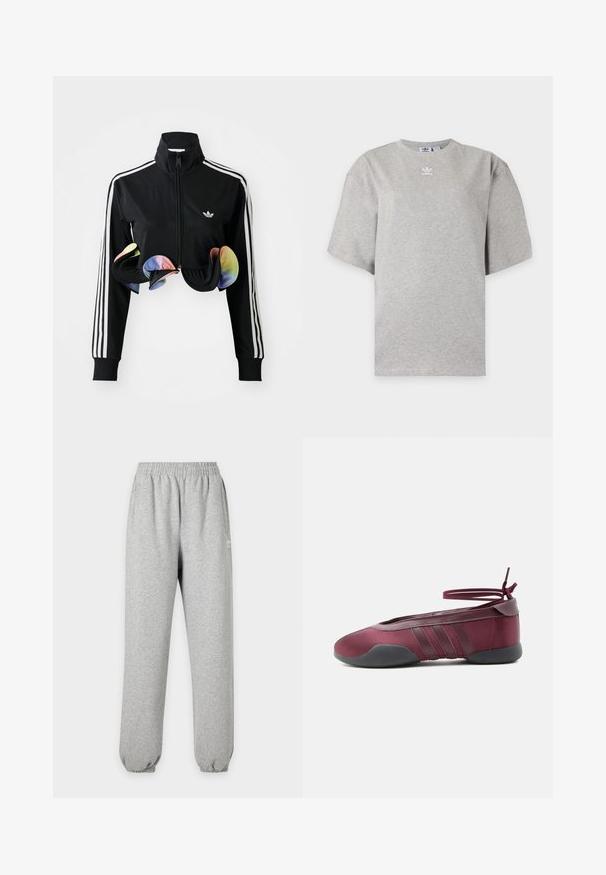 Čierna zipsová bunda s vysokým golierom, bielymi bočnými pruhmi a farebnými volánikmi na leme. Vyrobená z hladkej, elastickej látky.; Svetlosivé tričko Adidas s krátkym rukávom, okrúhlym výstrihom a malým bielym logom Adidas na hrudi, zobrazené na jednoduchom pozadí.; Svetlosivé tepláky s elastickým pásom a manžetami, bočnými vreckami a malým bielym logom na hornej časti stehna.; Burgundské balerínky s čiernou podrážkou, elastickými remienkami na členku zviazanými do mašle a prešívanými detailmi na bokoch, zobrazené z vonkajšej strany.
