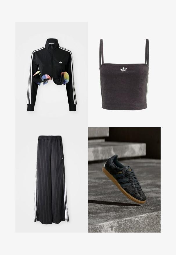 Schwarze Zip-Up-Jacke mit hohem Kragen, weißen Seitenstreifen und bunten Rüschendetails am Saum. Hergestellt aus glattem, dehnbaren Stoff.; Schwarzes, gekürztes Tanktop aus weichem Stoff. Mit dünnen Trägern und einem weißen Adidas-Logo auf der Vorderseite, sowie grünen Streifen an den Seiten.; Schwarzfarbene, weit geschnittene Hosen mit vertikalen weißen Streifen, elastischem Bund und drei weißen Streifen an der Seite. Adidas-Logo auf der Vorderseite.; Schwarzer Adidas Samba Sneaker mit strukturiertem Muster, Gummisohle und goldenem Logo, in der Luft über Betontreppen schwebend.
