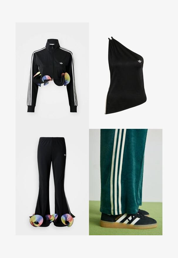 Chaqueta negra con cremallera y cuello alto, franjas laterales blancas y acentos coloridos con volantes en el dobladillo. Fabricada con una tela suave y elástica.; Top negro de un solo hombro hecho de tela suave y lisa, con un sutil patrón geométrico y un pequeño logo blanco en el pecho.; Pantalones deportivos negros con un diseño acampanado amplio. Cuenta con bajos coloridos y ondulados, y franjas blancas a los lados. Elaborados en tejido elástico.; Pantalones verdes texturizados con franjas laterales blancas, combinados con zapatillas Adidas negras que presentan tres franjas blancas y una suela de goma.