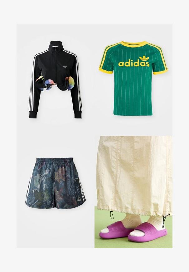 Chaqueta negra con cremallera y cuello alto, franjas laterales blancas y acentos coloridos con volantes en el dobladillo. Fabricada con una tela suave y elástica.; Camiseta de algodón verde con rayas blancas verticales, detalles amarillos y el logo de "adidas" en fuente amarilla. Diseño de manga corta y cuello redondo.; Shorts para adultos con un patrón de hojas multicolores sobre un fondo oscuro, con una cintura elástica y rayas laterales en blanco.; Chanclas de goma moradas con un diseño de banda texturizada, llevadas sobre calcetas de color crema, combinadas con una falda color beige claro. Suelo verde.