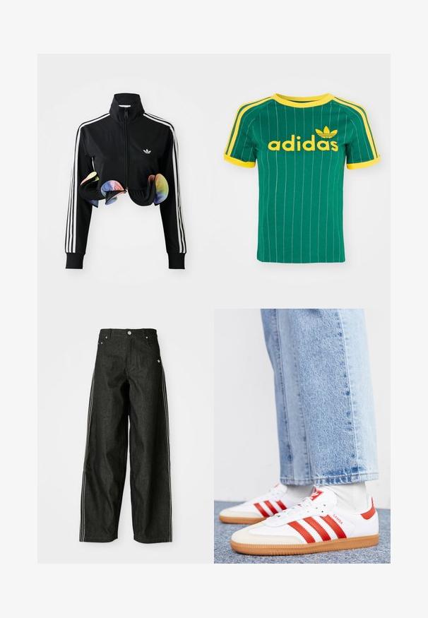 Sort zip-up jakke med høj krave, hvide sidelister og farverige volanger ved kanten. Lavet af glat, strækbart stof.; Grøn bomulds T-shirt med lodrette hvide striber, gule accenter og "adidas" logo i gul skrift. Kortærmet og rund hals design.; Sorte denim bukser med brede ben og hvide sider, der har forlommer, knaplukning og et diskret logo nær taljen.; Hvide lædersneakers med røde striber og accenter. Har en tekstureret gummisål og polstret krave. Bæres med lyseblå denim.