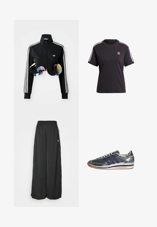 Sort zip-up jakke med høj krave, hvide sidelister og farverige volanger ved kanten. Lavet af glat, strækbart stof.; Sort bomulds t-shirt med korte ærmer og rund hals, der har hvide striber på skuldrene og et lille hvidt Adidas-logo på brystet.; Sorte løstsiddende træningsbukser lavet af glat stof. Har en elastisk talje og sidelogsstriber med logoaccents.; Sølv syntetisk sneakers med marineblå striber, rund tå, hvidt foer og gummisko. Har tekstureret overdel og snøring.