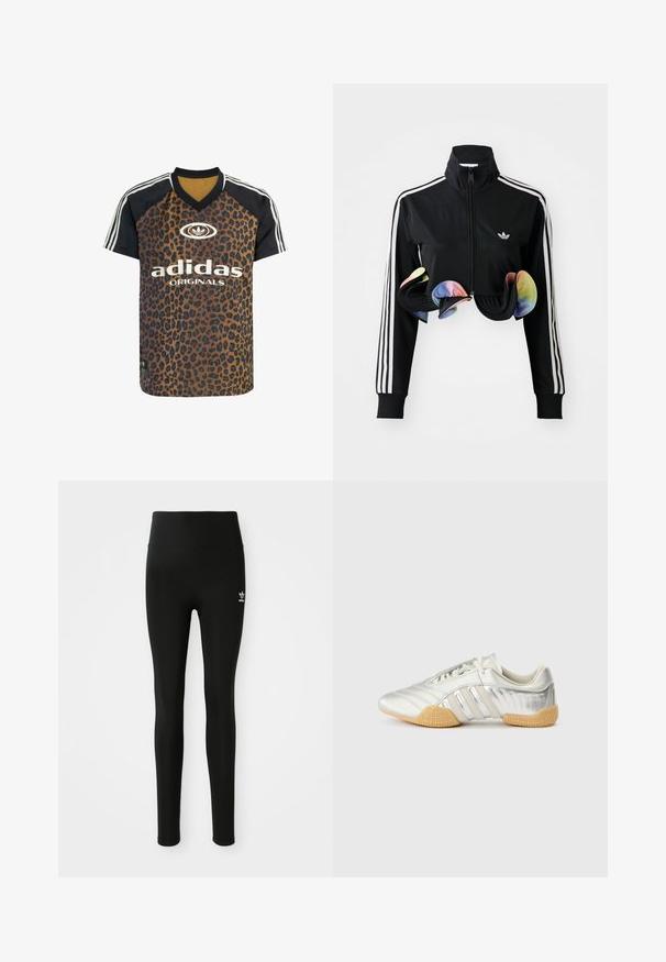 Sort zip-up jakke med høj krave, hvide sidelister og farverige volanger ved kanten. Lavet af glat, strækbart stof.; adidas Originals LEO PRINT SATIN - T-shirts print - multicolor bronze strata; Sorte leggings lavet af strækbart materiale med høj talje, med et lille hvidt Adidas-logo på venstre ben. Glat tekstur.; Sølvfarvet sportssko med en glat læderoverdel, gummisål og teksturerede detaljer. Har et buet design og tonede snørebånd.