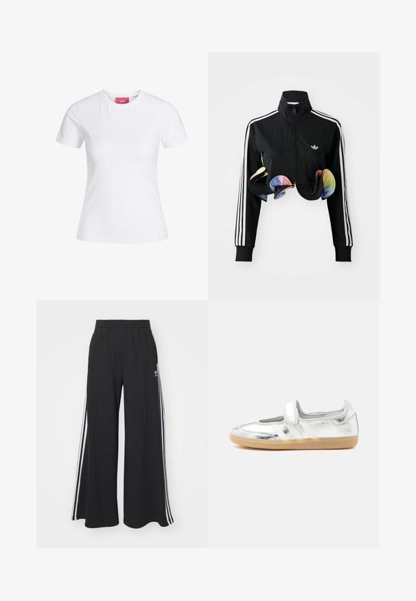 Zwarte zip-up jas met hoge kraag, witte zijstrepen en kleurrijke gerimpelde accenten aan de onderrand. Gemaakt van glad, rekbaar materiaal.; Witte, nauwsluitende T-shirt met korte mouwen en ronde hals, met een roze JJXX-label aan de binnenkant van de kraag, afgebeeld tegen een effen achtergrond.; Zwarte broek met wijde pijpen en een elastische tailleband, met drie witte strepen langs de buitenkant en een klein logo aan de voorkant.; Zilveren metallic Mary Jane schoen met klittenbandsluiting en beige rubberen zool, getoond vanaf de binnenkant op een witte achtergrond.