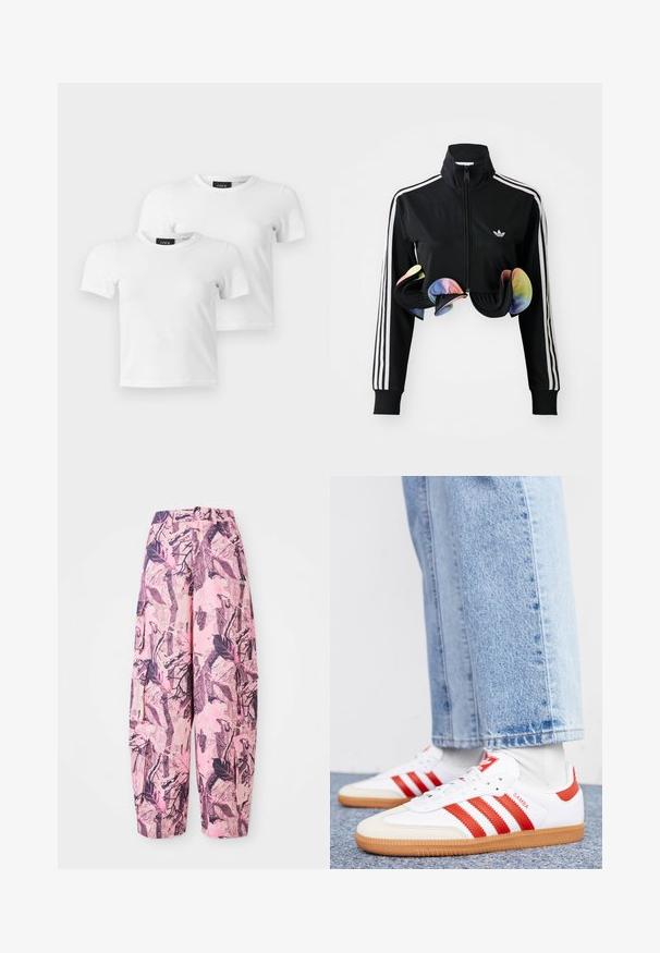 Zwarte zip-up jas met hoge kraag, witte zijstrepen en kleurrijke gerimpelde accenten aan de onderrand. Gemaakt van glad, rekbaar materiaal.; Twee eenvoudige witte T-shirts met korte mouwen en ronde hals met JJXX merklabels, weergegeven op een lichtgrijze achtergrond.; Roze en paarse wijdgaande broek met een bladeren- en takkenpatroon, heeft een hoge taille en zijzakken voor extra functionaliteit.; Witte leren sneakers met rode strepen en accenten. Voorzien van een getextureerde gumrubberen outsole en een gevoerde kraag. Draag ze met lichtblauwe denim.
