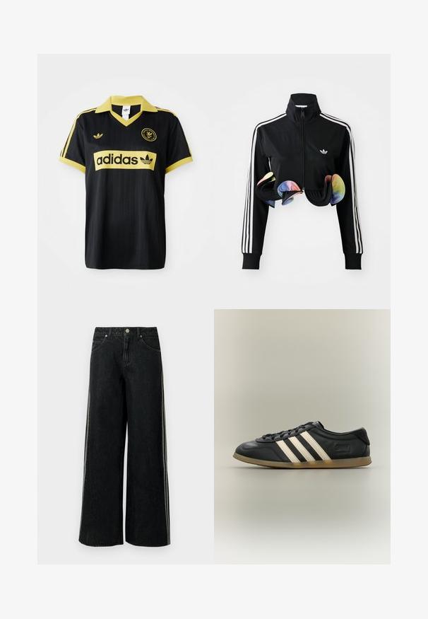 Zwarte zip-up jas met hoge kraag, witte zijstrepen en kleurrijke gerimpelde accenten aan de onderrand. Gemaakt van glad, rekbaar materiaal.; Zwarte sporttrui met gele accenten, voorzien van een gestreept ontwerp, een V-hals kraag en het adidas-logo dat prominent op de borst is weergegeven.; Zwarte denim jeans met wijde pijpen, zijstrepen, voorzakken, lussen voor een riem en een metalen knoopsluiting in de taille.; Zwarte Adidas Gazelle sneaker met witte strepen, zwarte veters en een lichtbruine zool, getoond in zijaanzicht op een neutrale achtergrond.