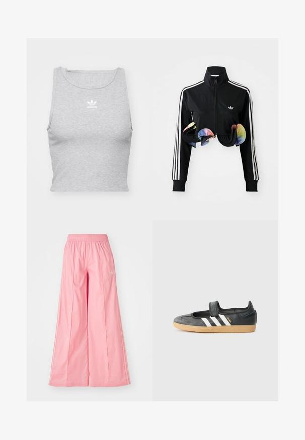 Zwarte zip-up jas met hoge kraag, witte zijstrepen en kleurrijke gerimpelde accenten aan de onderrand. Gemaakt van glad, rekbaar materiaal.; Grijze, mouwloze crop top gemaakt van een zachte stof, met een ronde halslijn en een klein wit Adidas-logo op de borst.; Roze wijde broeken gemaakt van lichtgewicht stof, met een elastische tailleband en subtiele witte streepjes aan de zijkanten. Klein logo aan de voorkant.; Zwarte leren en suède sneaker met een klittenbandsluiting, voorzien van drie witte strepen en een gumzool, met de naam "SAMBA" aan de zijkant.