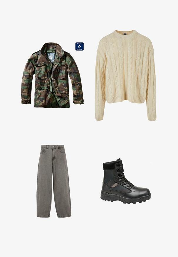 Camouflagejack in tinten van groen en bruin, met een rits aan de voorkant, twee borstzakken en waterafstotend materiaal.; Crème-kleurige gebreide trui met een kabelpatroon, ronde hals en geribde manchetten en zoom. Gemaakt van zachte, gestructureerde stof.; Grijze denimbroek met een hoge taille, wijd gesneden pijpen, klassiek vijf-pocket ontwerp en een knoopsluiting aan de voorkant. Licht gestructureerde afwerking.; Zwarte militaire stijl laars met leren bovenkant, stoffen panelen, vetersluiting aan de voorkant en robuuste rubberen zool voor grip. Versterkte teen en enkelsupport.