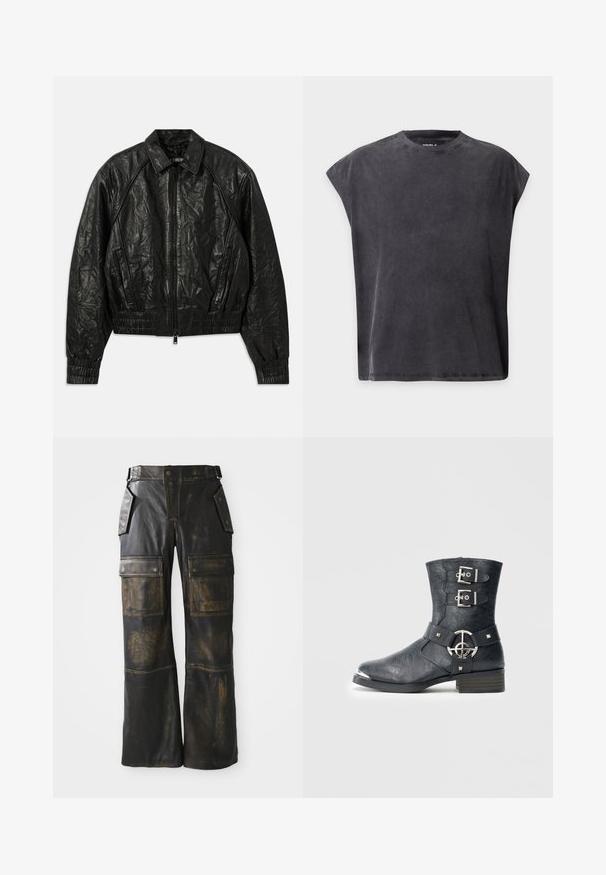 Schwarze Leder-Bomberjacke mit einer zerknitterten Textur, gerippten Bündchen und Saum sowie einem Vorderreißverschluss. Verfügt über einen klassischen Kragen und Seitentaschen.; Schwarzes ärmelloses T-Shirt mit Rundhalsausschnitt, lässiger, kastiger Passform und leicht abgesenkten Schultern auf einfarbigem Hintergrund.; Schwarze Leder-Cargo-Hose mit abgenutzter Optik, großen Seitentaschen, hoher Taille und kontrastierender Naht entlang der Nähte.; Schwarzer Lederknöchelstiefel mit abgerundeter Spitze, zwei Riemen mit Schnallen, silbernen Metallakzenten und niedrigem Blockabsatz. Strukturierte Oberfläche.