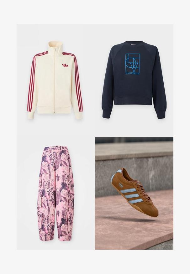 Kremfarvet lynlås-træningsjakke med rødt tre-stribe-detalje på ærmerne og rødt Adidas trefoil-logo på brystet.; Marineblå crewneck sweatshirt med lange ærmer, med et blåt geometrisk design "KÆRLIGHED er overalt" centreret på brystet.; Lyserøde og lilla mønstrede vide bukser har et blad- og grenmønster, med høj talje og sidelommer for ekstra funktionalitet.; Brun ruskinnssneaker med lyseblå striber, snøredesign og gummisål. Har en logo på siden og en rundet tæffel.