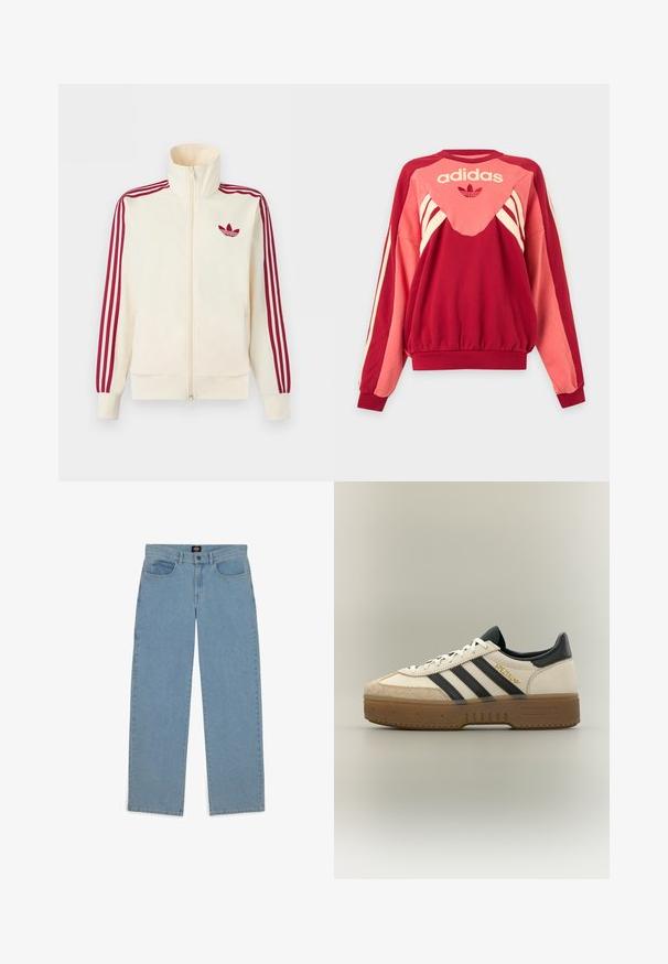Chaqueta deportiva crema con cremallera y detalle de tres rayas rojas en las mangas, junto con el logo trefoil de Adidas en rojo en el pecho.; Sudadera Adidas roja y rosa con mangas largas, rayas crema, logo y símbolo de trébol en el frente sobre un fondo claro.; Vaqueros azul claro, corte holgado, tejido de denim, diseño de cinco bolsillos, cierre de botón, perneras rectas, costuras visibles, sin patrones ni acentos.; Zapatilla blanca Adidas con rayas negras, puntera de ante beige, suela marrón y "SPEZIAL" en letras doradas en el lateral.