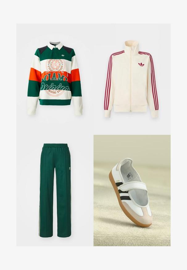 Roomkleurig trainingsjack met ritssluiting, rode drie-strepen op de mouwen en een rood Adidas trefoil-logo op de borst.; Groene, witte en oranje gestreepte sweatshirt met een kraag. Bevat een logo en tekst van de Universiteit van Miami, en een Adidas trefoil-embleem.; Donkergroene sportbroek met een relaxte pasvorm, voorzien van een trekkoord in de taille, zijzakken en crèmekleurige strepen aan de zijkanten.; Witte schoen met een roze suède neus, zwarte strepen en een klittenbandsluiting. Heeft een tan rubberen zool en een logo aan de zijkant.