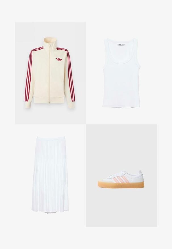 Roomkleurig trainingsjack met ritssluiting, rode drie-strepen op de mouwen en een rood Adidas trefoil-logo op de borst.; Effen witte mouwloze tanktop met ronde hals, gemaakt van zachte stof, met een label aan de binnenkant van de kraag dat merk en maat aangeeft.; Witte maxirok met laagjes, elastische tailleband en subtiele verticale structuur, vloeiende en lichte stof.; Witte sneakers met roze strepen, rubberen zool en suède neuskap. Voorzien van vetersluiting en gestructureerde materialen op het bovenwerk.