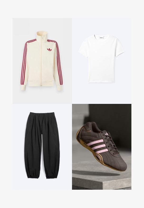Kermanvärinen vetoketjullinen vetopaita, jossa punaiset kolmen raidan yksityiskohdat hihoissa ja punainen Adidas-trefoil-logo rinnassa.; Yksinkertainen valkoinen lyhythihainen pyöreäkauluksinen t-paita, jossa pieni "WEEKDAY" -etiketti kaula-aukon sisäpuolella, esitettynä tasaisesti vaalealla taustalla.; Väljästi istuvat mustat kapenevat housut, joissa joustava vyötärö ja nilkkaritilät, valmistettu kevyestä kankaasta.; Ruskea mokkanahkainen urheilukenkä, jossa on vaaleanpunaiset raidat ja logo. Kengässä on teksturoitu päällinen, nauhakiinnitys ja kuminen pohja.