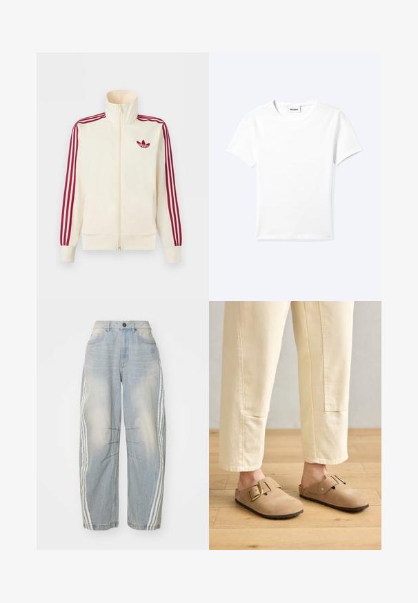 Veste de survêtement à fermeture éclair crème avec détail de trois rayures rouges sur les manches et logo trèfle Adidas rouge sur la poitrine.; T-shirt blanc uni à manches courtes et col rond avec une petite étiquette "WEEKDAY" à l'intérieur de l'encolure, présenté à plat sur un fond clair.; Jeans en denim bleu clair avec une coupe ample, présentant des rayures blanches sur les côtés, des détails déchirés et une fermeture par bouton à la taille.; Sabots en cuir suédé beige avec une large sangle et une boucle en or, surface texturée et semelle en caoutchouc marron ; portés avec un pantalon ivoire ample et fuselé.