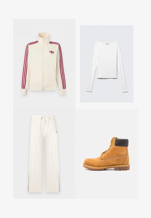 Kremfarget treningsjakke med glidelås, med røde tre-stripesdetaljer på ermene og rødt Adidas trefoil-logo på brystet.; Hvit langermet topp med crossover-design og lomme. Laget av et glatt, elastisk stoff. Skåret i en avslappet, uformell passform.; Hvite vidbente joggebukser med elastisk snor i livet, sidelommer, vertikale sømdetaljer og subtile svarte striper langs yttersiden av bena.; Brune skinn ankelstøvlett med svart polstring, gulløyelter og en teksturert såle. Har et rundt logo på siden og sømdetaljer.