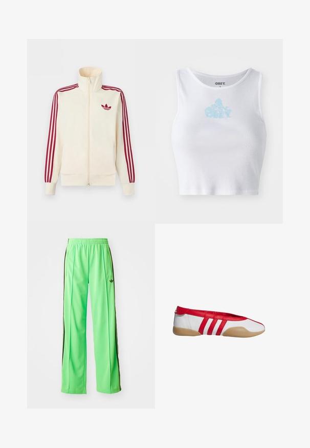 Cremefarbener Trainingsjacke mit Reißverschluss, mit roten Drei-Streifen-Details an den Ärmeln und rotem Adidas-Trefoil-Logo auf der Brust.; Weißes, geripptes Crop-Top mit Rundhalsausschnitt und einem hellblauen "OBEY"-Logo, das zentral auf der Brust platziert ist. Glatte Textur und taillierte Passform.; Grüne Sporthose aus glattem, leichtem Material, mit schwarzen Seitestreifen und einem gestickten Logo auf der Vorderseite.; Roter und weißer Ballerina mit abgerundetem Zehenbereich, aus glattem synthetischem Material gefertigt. Verfügt über drei rote Streifen und eine beige Gummisohle.