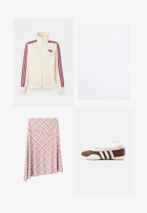 Veste de survêtement à fermeture éclair crème avec détail de trois rayures rouges sur les manches et logo trèfle Adidas rouge sur la poitrine.; Débardeur blanc uni avec encolure arrondie et coutures visibles le long des bords.; Jupe asymétrique rose à carreaux avec motif à carreaux diagonal et petite étiquette de marque à la taille sur fond blanc.; Chaussure plate de ballet marron et blanche avec trois bandes blanches et un nœud à nouer à la cheville sur un fond clair uni.