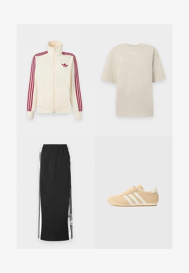 Chaqueta deportiva crema con cremallera y detalle de tres rayas rojas en las mangas, junto con el logo trefoil de Adidas en rojo en el pecho.; Camiseta de manga corta beige de algodón, con cuello redondo y pequeño logo blanco de Adidas impreso en el pecho. Textura suave, corte holgado.; Falda deportiva larga negra con paneles laterales blancos y franjas negras, cintura elástica y parche con el logo de Adidas cerca del dobladillo inferior.; Zapatillas deportivas en tono marrón y crema con un acabado de cuero suave, tres rayas blancas en el lateral y una puntera redondeada. Parte superior texturizada con perforaciones.