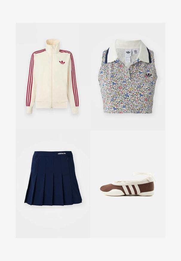 Cremefarbener Trainingsjacke mit Reißverschluss, mit roten Drei-Streifen-Details an den Ärmeln und rotem Adidas-Trefoil-Logo auf der Brust.; Blumen-Crop-Top mit weißem Grund und blauen, roten und gelben Blumen. Verfügt über einen weißen Kragen mit marineblauen Akzenten und einem bestickten Logo.; Marineblauer Faltenrock aus leichtem Stoff; verfügt über einen elastischen Bund und eine kleine Reißverschlusstasche, mit einem weißen Adidas-Logo auf der Vorderseite.; Brauner und weißer Ballerinaschuh mit drei weißen Streifen und einer Schleife zum Binden am Knöchel auf einem schlichten hellen Hintergrund.