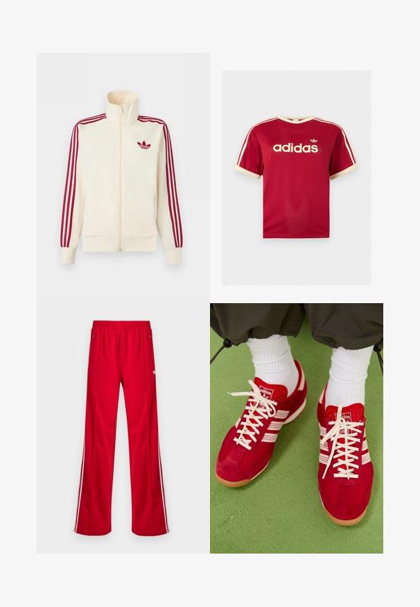 Kreemikas tõmblukuga spordijakk, millel on punased kolmerealised triibud varrukatel ja punane Adidas trefoil logo rinnal.; Punane Adidas võrgust meeste särk beeži äärega krae, varrukate ja kolmekordsete triipude juures õlgadel, esiküljel Adidas logo ja tekstiga.; Punased spordipüksid lahtise lõikega, elastse vöörihma, kahe küljetasku ja valgete küljeribadega. Valmistatud siledast sünteetilisest materjalist.; Punane sametist ja võrgusilma sportlikud kingad valgete triipude ja paeltega. Kummist talla. Kandsid valgeid ribakaitsepükse rohelisel tekstureeritud pinnal.