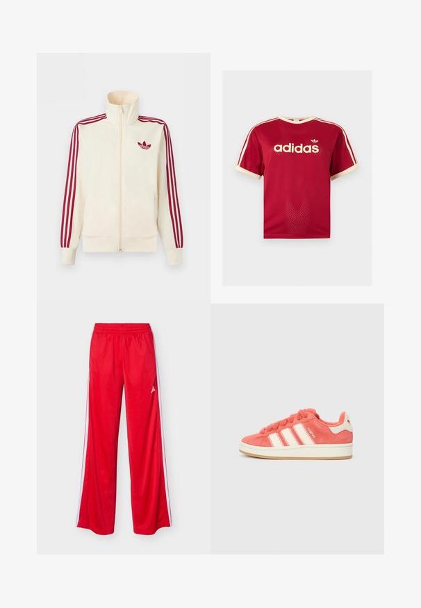 Cremefarbener Trainingsjacke mit Reißverschluss, mit roten Drei-Streifen-Details an den Ärmeln und rotem Adidas-Trefoil-Logo auf der Brust.; Rotes Adidas Mesh-T-Shirt mit beigem Besatz am Kragen, an den Ärmeln und den drei Streifen auf den Schultern, mit Adidas-Logo und Schriftzug auf der Vorderseite.; Rote Sporthose mit weißen Seitenstreifen, elastischem Bund und Adidas-Logo am oberen Oberschenkel.; Rosa Wildleder-Sneaker mit cremefarbenen Streifen, runden Schnürsenkeln und einer strukturierten Zunge. Verfügt über eine Gummisohle und ein Logo auf der Ferse.