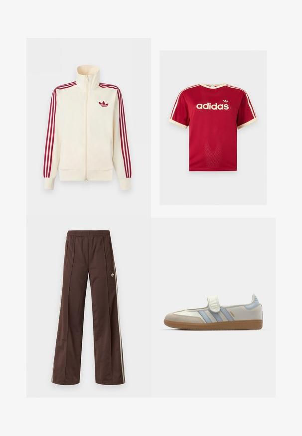 Kremfarvet lynlås-træningsjakke med rødt tre-stribe-detalje på ærmerne og rødt Adidas trefoil-logo på brystet.; Rød Adidas mesh t-shirt med beige kant på krave, ærmer og de tre striber på skuldrene, med Adidas-logo og tekst på fronten.; Brune atletiske bukser med vidde ben, hvide striber på siden, elastisk linning og to sidelommer. Har et lille logo på benet.; adidas Originals SAMBA JANE BALLERINA - Ballerinasko m/ rem - cloud white/halo blue