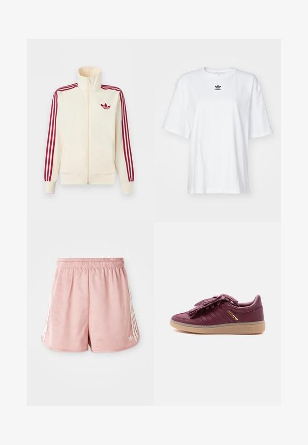 Kreemikas tõmblukuga spordijakk, millel on punased kolmerealised triibud varrukatel ja punane Adidas trefoil logo rinnal.; Valge lühikeste varrukatega T-särk, mis on valmistatud puuvillast. Omab ümarat kaelust ja väikest musta Adidas logo rinnal. Otse lõige.; Roosa sportlikud lühikesed püksid elastse vöökoha, külgedel valgete triipudega ja väikese logoga vasakul all ees. Sile kangastekstuur.; Bordoopunane Adidas Spezial spordijalats kummist tallaga, kuldse logoga küljel ja lõhestatud paelakaantel valgel taustal.