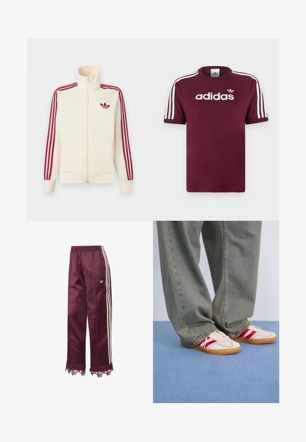 Chaqueta deportiva crema con cremallera y detalle de tres rayas rojas en las mangas, junto con el logo trefoil de Adidas en rojo en el pecho.; Camiseta de algodón color granate con mangas a rayas blancas, que presenta el logo "adidas" en blanco en el pecho y un logo pequeño encima.; Pantalones deportivos de satén color burdeos con franjas laterales blancas, cintura elástica, bolsillos con cremallera y adornos de encaje en el dobladillo.; Zapatillas blancas con rayas rojas, parte superior de lona texturizada, puntera redonda, suela plana de goma, combinadas con pantalones vaqueros azul claro y holgados.