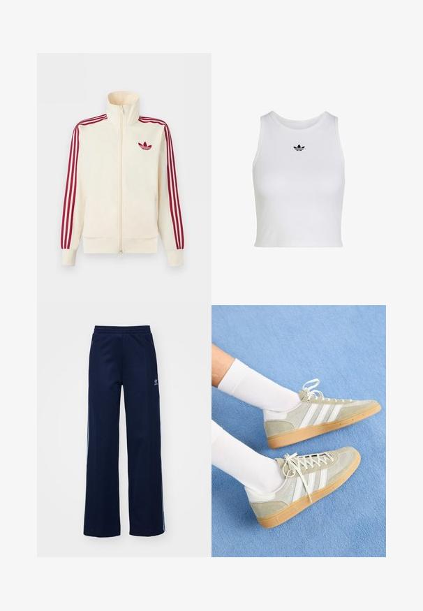 Chaqueta deportiva crema con cremallera y detalle de tres rayas rojas en las mangas, junto con el logo trefoil de Adidas en rojo en el pecho.; Top corto blanco sin mangas con cuello redondo y pequeño logo negro Adidas trefoil centrado debajo del cuello.; Pantalones de chándal de mezcla de algodón en color marino con diseño de pierna ancha, cinturilla elástica y bolsillos con cremallera, con franjas laterales blancas y detalle de logotipo.; Zapatillas de ante gris claro con acentos de goma blanca, que presentan tres franjas blancas y una suela de goma, llevadas con calcetines blancos sobre un fondo azul.