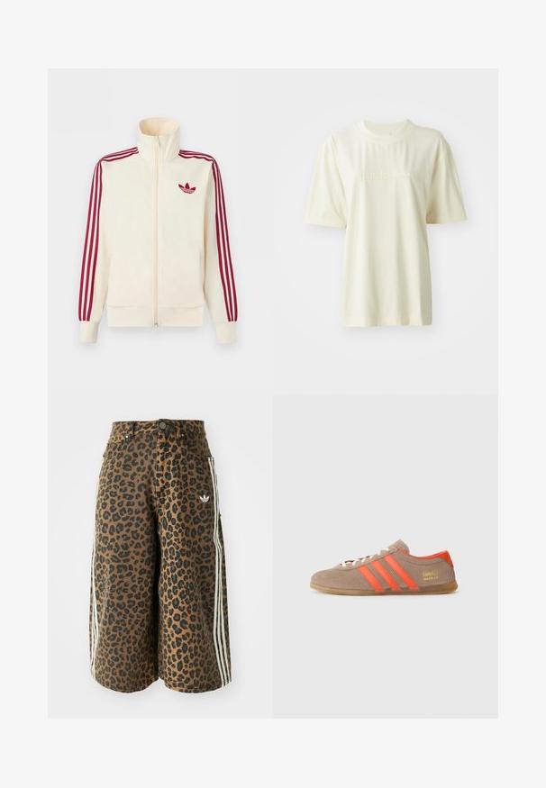 Chaqueta deportiva crema con cremallera y detalle de tres rayas rojas en las mangas, junto con el logo trefoil de Adidas en rojo en el pecho.; Camiseta de algodón color crema con cuello redondo, mangas cortas y logo "adidas" en relieve en el pecho. Textura suave y corte relajado.; Shorts anchos marrones con estampado de leopardo negro, franjas laterales blancas, cierre de botón, bolsillos delanteros y un pequeño logo de Adidas en el lado derecho.; Zapatillas de ante marrón con tres rayas naranjas brillantes, parte frontal con cordones y el logo dorado "Gazelle" en el lateral. Suela de goma plana.