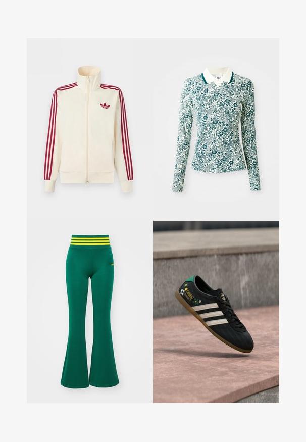 Krémová bežecká bunda na zips s červenými tromi pruhmi na rukávoch a červeným logom Adidas trefoil na hrudi.; Dlhý rukáv priliehavá košeľa s tyrkysovo-bielym kvetinovým vzorom a bielym golierom s tyrkysovým lemovaním na jednolatom pozadí.; Zelené rozšírené legíny z pružného materiálu s pásom v žlto-bielych pruhoch. Hladká textúra, priliehajúce okolo bokov, široké na leme.; Čierna športová obuv s bielymi pruhmi, vzorovaným zvrškom, zdobená kvetinovými prvkami a zelenou pätou. Gumená podrážka zabezpečuje priľnavosť.