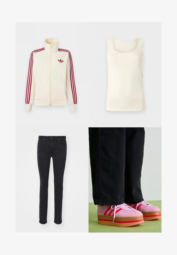 Cremefarbener Trainingsjacke mit Reißverschluss, mit roten Drei-Streifen-Details an den Ärmeln und rotem Adidas-Trefoil-Logo auf der Brust.; Ärmelloses cremefarbenes Tanktop mit quadratischem Ausschnitt und glattem Stoff, präsentiert vor einem schlichten hellgrauen Hintergrund.; Schwarze Denim-Jeans mit schlanker Passform, ausgestattet mit fünf Taschen, einem Reißverschluss und silbernen Hardware-Akzenten. Glatte Textur mit minimaler Ausbleichung.; Rosa Wildleder-Plattform-Sneaker mit roten Akzenten und drei Streifen, ausgestattet mit einer dicken, transparenten Gummisohle, kombiniert mit schwarzen Hosen.