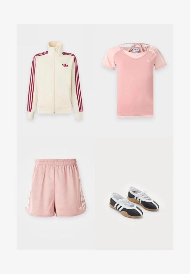 Roomkleurig trainingsjack met ritssluiting, rode drie-strepen op de mouwen en een rood Adidas trefoil-logo op de borst.; Lichtroze sportshirt met korte mouwen, donkerder roze schouders, wit Adidas-logo op de borst en gekruiste bandjes bij de achterkraag.; Roze sport shorts met een elastische tailleband, witte zijstreepdetails en een klein logo aan de onderkant van de linkervoorzijde. Glad textuur van de stof.; Zwart-witte sport schoenen met een slank ontwerp, rubberen zool, vetersluiting en drie witte strepen aan de zijkanten.