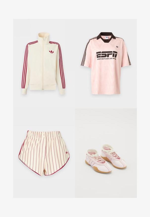 Chaqueta deportiva crema con cremallera y detalle de tres rayas rojas en las mangas, junto con el logo trefoil de Adidas en rojo en el pecho.; Camiseta deportiva Adidas color rosa claro con cuello y rayas marrón oscuro, con los textos "ESP1" y "NO HAY LUGAR COMO EL DEPORTE" en el frente.; Pantalones cortos de color crema con rayas rojas verticales, cintura elástica, dos botones delanteros y ribete rojo a lo largo de los dobladillos curvos.; Zapatillas de lona rosa con una textura suave, que presentan un diseño de cordones y una suela de goma. Detalles decorativos y tres franjas en el lateral.