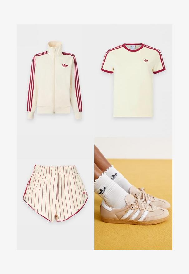 Chaqueta deportiva crema con cremallera y detalle de tres rayas rojas en las mangas, junto con el logo trefoil de Adidas en rojo en el pecho.; Camiseta Adidas de manga corta color crema con cuello y puños de manga acanalados en rojo, tres rayas rojas en los hombros y logo trefoil de Adidas en rojo en el pecho.; Pantalones cortos de color crema con rayas rojas verticales, cintura elástica, dos botones delanteros y ribete rojo a lo largo de los dobladillos curvos.; Zapatillas de cuero beige con rayas blancas y un logotipo dorado, acompañadas de calcetines blancos de volantes con un logo negro. Suela de goma texturizada.
