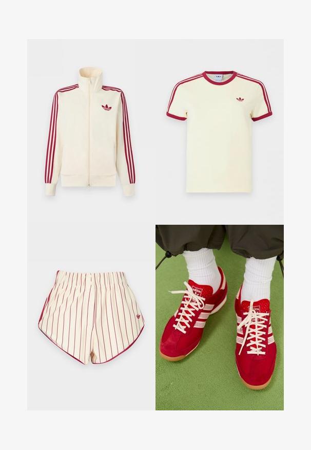 Chaqueta deportiva crema con cremallera y detalle de tres rayas rojas en las mangas, junto con el logo trefoil de Adidas en rojo en el pecho.; Camiseta Adidas de manga corta color crema con cuello y puños de manga acanalados en rojo, tres rayas rojas en los hombros y logo trefoil de Adidas en rojo en el pecho.; Pantalones cortos de color crema con rayas rojas verticales, cintura elástica, dos botones delanteros y ribete rojo a lo largo de los dobladillos curvos.; Zapatillas deportivas de ante rojo y malla con rayas y cordones blancos. Suela de goma. Llevadas con calcetines blancos de canalé sobre una superficie verde texturizada.