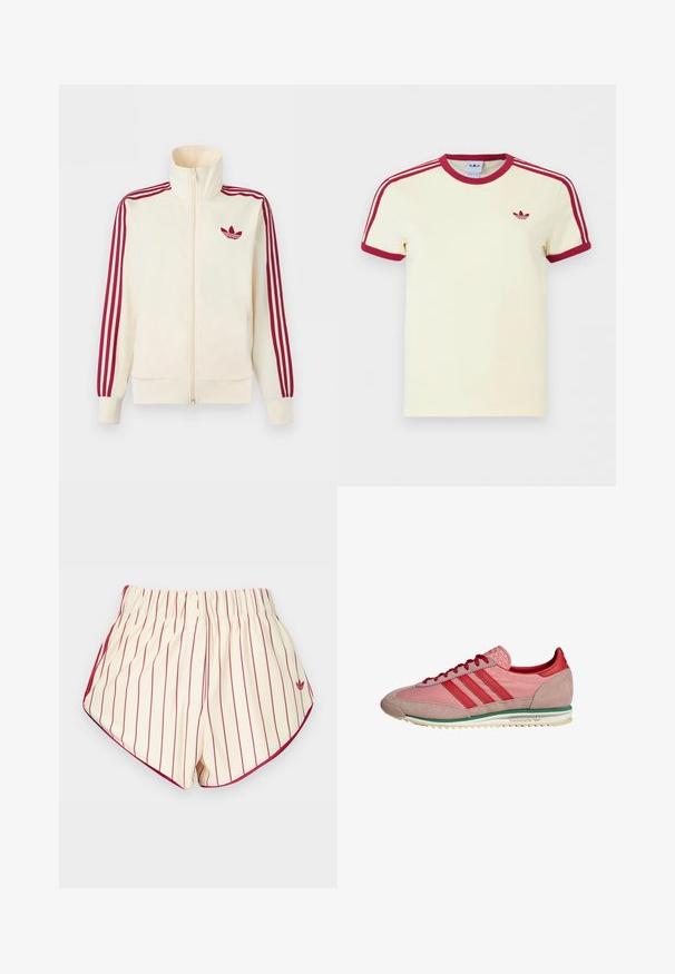 Cremefarbener Trainingsjacke mit Reißverschluss, mit roten Drei-Streifen-Details an den Ärmeln und rotem Adidas-Trefoil-Logo auf der Brust.; Cremefarbenes Adidas-T-Shirt mit kurzen Ärmeln, rotem geripptem Kragen, roten Ärmelabschlüssen, drei roten Streifen auf den Schultern und rotem Adidas-Trefoil-Logo auf der Brust.; Cremefarbene Shorts mit vertikalen roten Streifen, elastischem Bund, zwei vorderen Knöpfen und roter Einfassung entlang der geschwungenen Säume.; Pink-rote Adidas-Sneaker mit Wildleder an Zehen- und Fersenpartie, roten Schnürsenkeln, grünem Streifen über der weißen Sohle, seitlich betrachtet.
