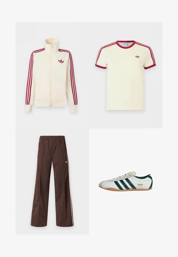 Krémová bežecká bunda na zips s červenými tromi pruhmi na rukávoch a červeným logom Adidas trefoil na hrudi.; Krémové krátke tričko Adidas s červeným rebrovaným golierom, koncami rukávov, tromi červenými pruhmi na ramenách a červeným logom Adidas trefoil na hrudi.; Hnedé športové nohavice so širokým strihom nohavíc, bielymi bočnými pásmi, elastickým pásom a dvoma bočnými vreckami. Na nohavici je malá značka.; Biele tenisky so zelenými pruhmi, zvršok z semišu a syntetických materiálov, gumová podrážka, okrúhla špička a detail loga "adidas TOKYO".
