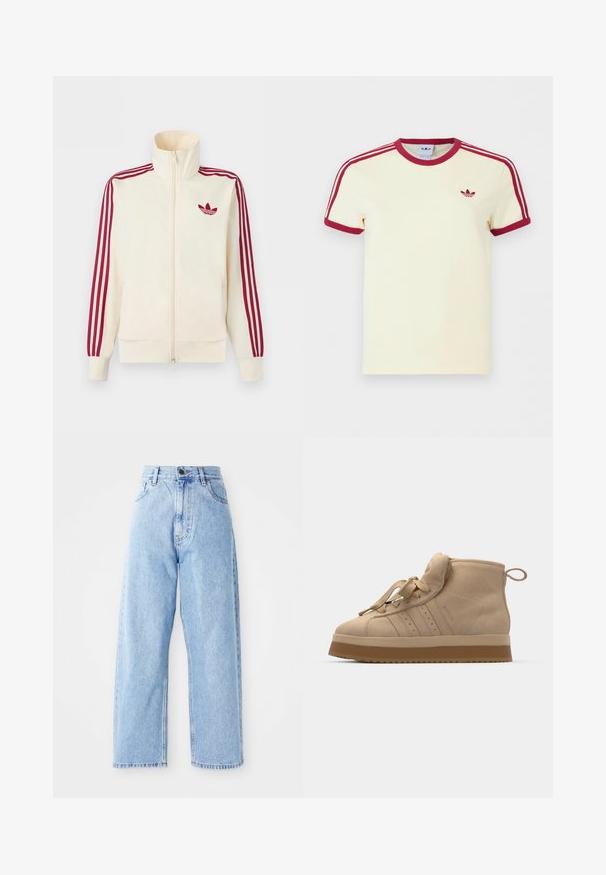 Kremfarvet lynlås-træningsjakke med rødt tre-stribe-detalje på ærmerne og rødt Adidas trefoil-logo på brystet.; Kremfarvet Adidas T-shirt med korte ærmer, rød ribkant ved hals, ærmekanter, tre røde striber på skuldrene og rødt Adidas trefoil-logo på brystet.; Højhalset lysblå denimjeans med lige vide ben, frontknap, lynlås lukning samt front- og baglommer.; Beige ruskinds høje sneakers med en tykk gummisål, der har en foldbar tunge, rund tå og dekorative snørebånd.