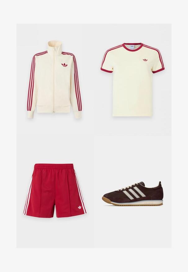 Kremfarvet lynlås-træningsjakke med rødt tre-stribe-detalje på ærmerne og rødt Adidas trefoil-logo på brystet.; Kremfarvet Adidas T-shirt med korte ærmer, rød ribkant ved hals, ærmekanter, tre røde striber på skuldrene og rødt Adidas trefoil-logo på brystet.; Røde atletikshorts med elastisk taljebånd, hvide sidelommer, lynlåslommer og et lille hvidt Adidas-logo på det venstre forben.; Lavprofil mørk burgunder Adidas sneakers med hvide striber, cremefarvede snørebånd og gummitalje, set fra siden på neutral baggrund.